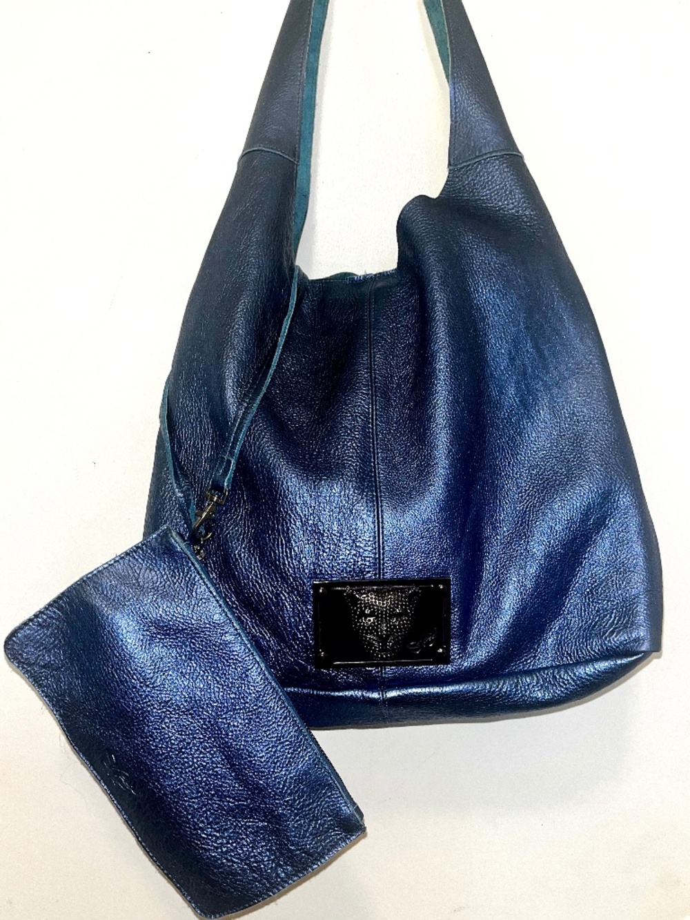 Sharif 2 Pc. Blue Metallic Leather Hobo Bag and Wristlet